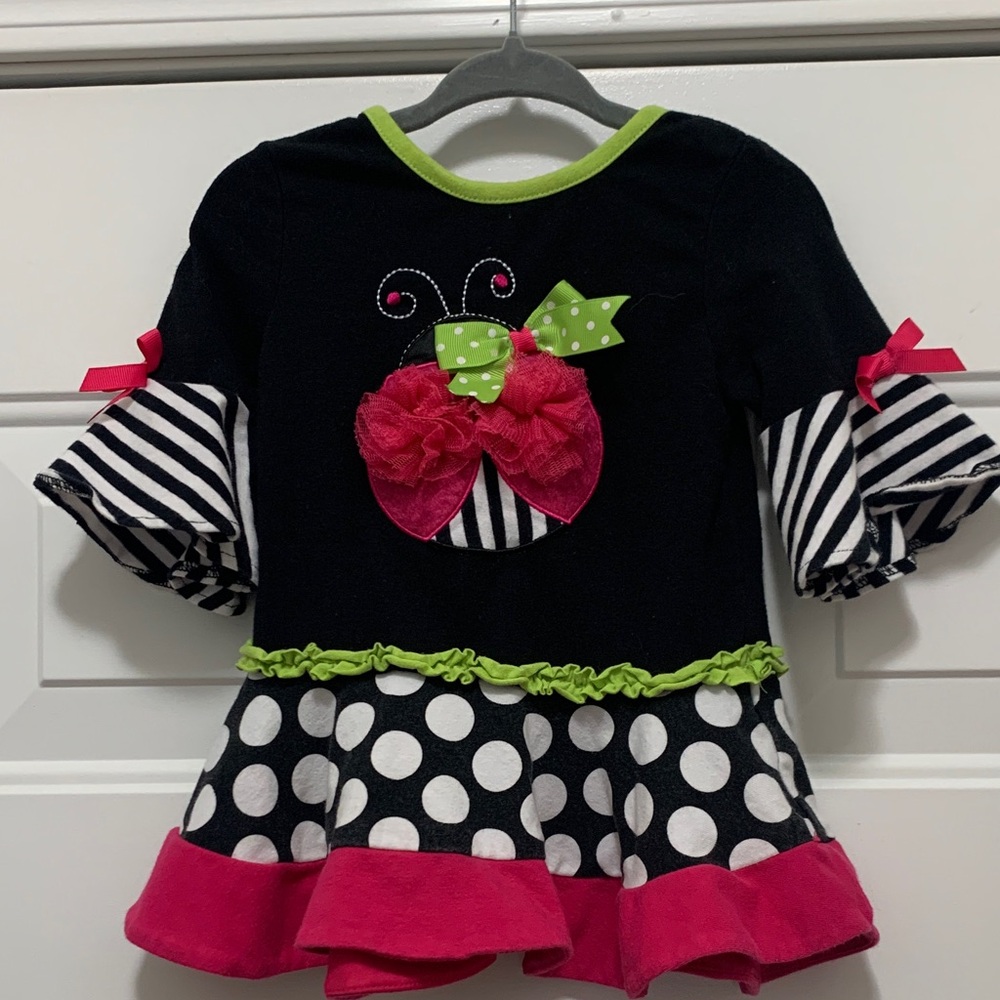 4/$10 Girls Size 12 Month Rare Editions Black Top with Polka Dots and Green Trim
